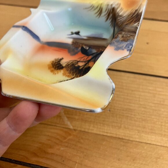 Noritake Hand Painted Square Ashtray Vintage Made in Japan Lake Sunset Design - Picture 3 of 6